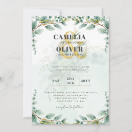 LeahG Greenery Eucalyptus Gold Wedding Invite QR C Einladung