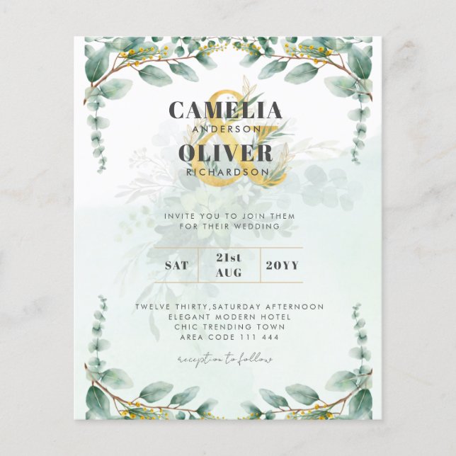 LeahG Greenery Eucalyptus Gold Wedding Invite QR C Flyer (Vorne)