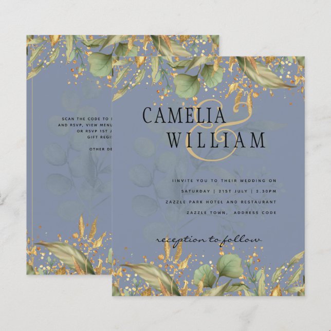 LeahG Greenery Feuilles Blue Gold Wedding Invitati (Devant / Derrière)