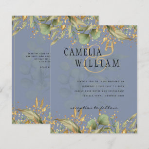 LeahG Greenery Feuilles Blue Gold Wedding Invitati