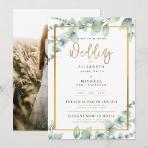 LeahG Greenery Gold FOTO Wedding Einladung