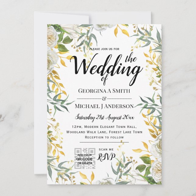LeahG Greenery Gold Wedding QR CODE UAWG INVITE Einladung (Vorderseite)