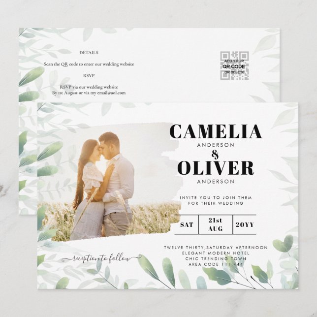 LeahG Greenery Leaves FOTO OVERLAY Wedding Einladu Einladung (Vorne/Hinten)