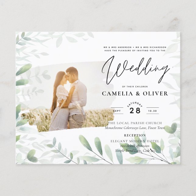 LeahG Greenery Leaves FOTO OVERLAY Wedding Einladu Flyer (Vorne)