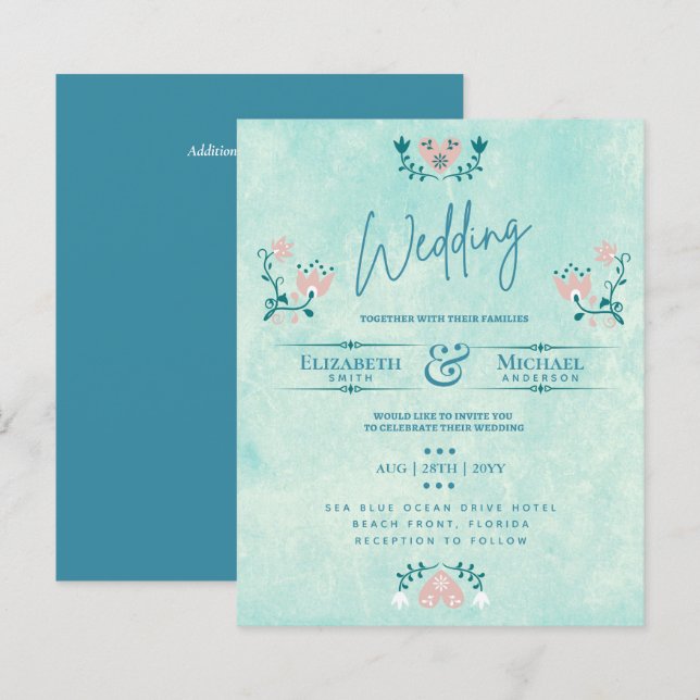 LeahG HAUSHALT Hochzeit Einladung Folk Art Aquamar (Vorne/Hinten)