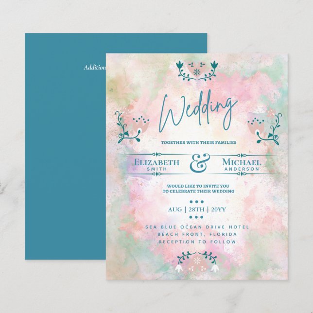 LeahG HAUSHALT Hochzeit Einladung Folk Art Aquamar (Vorne/Hinten)