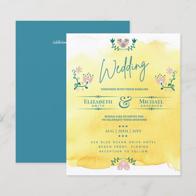 LeahG HAUSHALT Hochzeit Einladung Folk Art Gelb Aq (Vorne/Hinten)