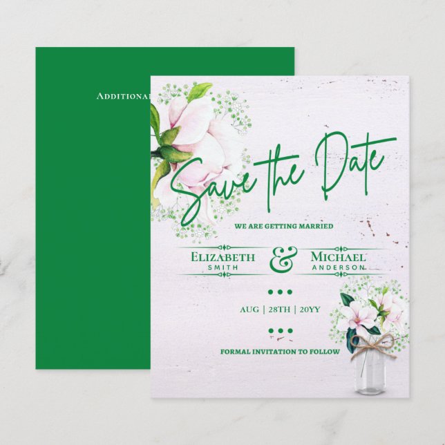 LeahG HAUSHALT Save the Date Rosa Grüne Magnolien (Vorne/Hinten)