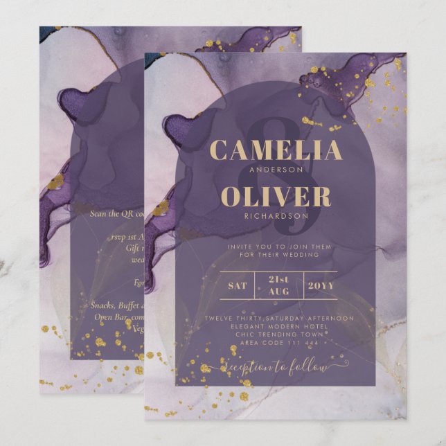 LeahG Ink Ombre Lila Lavender Gold Wedding Einladung (Vorne/Hinten)