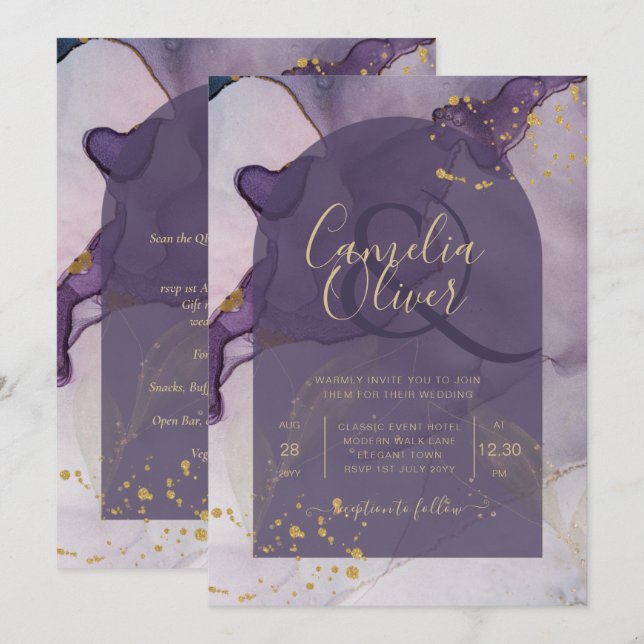 LeahG Ink Ombre Lila Lavender Gold Wedding Einladung (Vorne/Hinten)