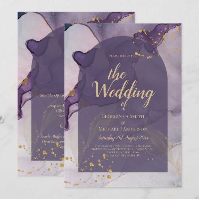 LeahG Ink Ombre Lila Lavender Gold Wedding Einladung (Vorne/Hinten)