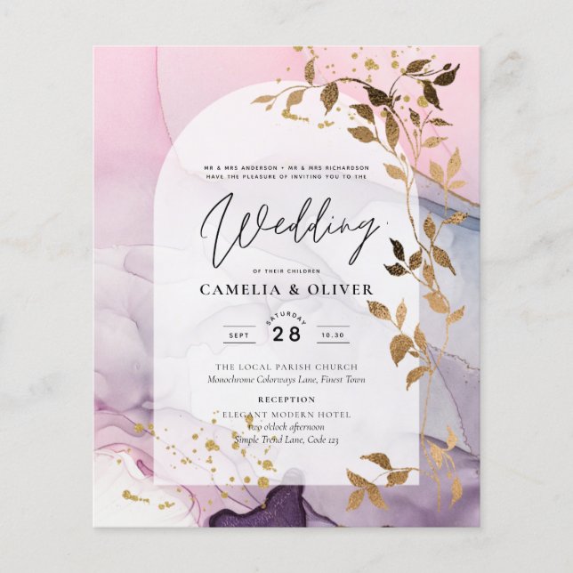 LeahG Ink Ombre Lila Pink Pink Gold Hochzeit Flyer (Vorne)