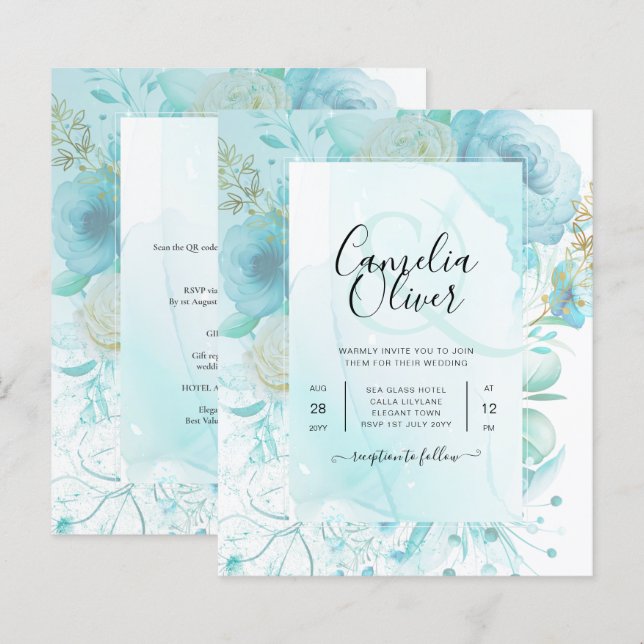 LeahG INK Sea Glass Türkis Aqua Abstrakt INVITE (Vorne/Hinten)