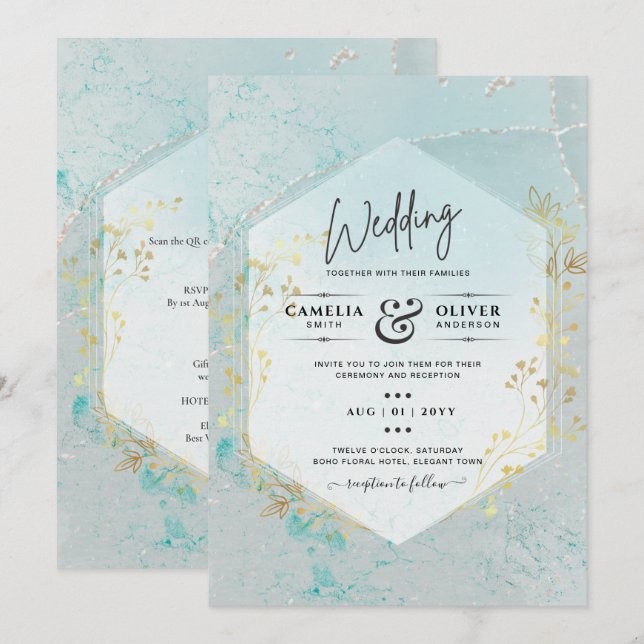 LeahG INK Sea Glass Türkis Gold Aqua INVITE Einladung (Vorne/Hinten)