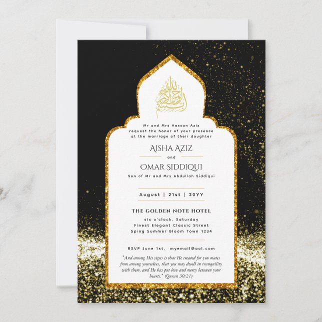LeahG Islamic Wedding Black Gold Modernes Elegant Einladung (Vorderseite)