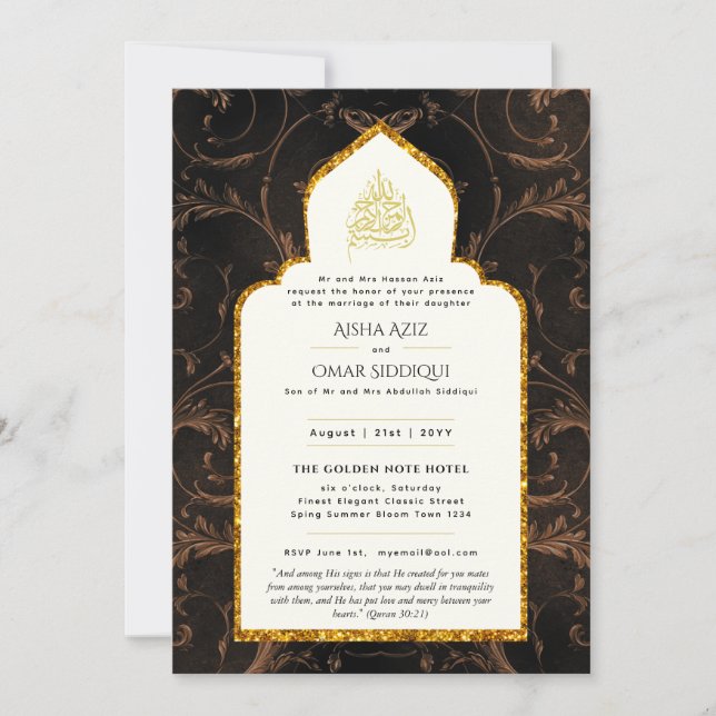 LeahG Islamic Wedding Black Gold Modernes Elegant Einladung (Vorderseite)