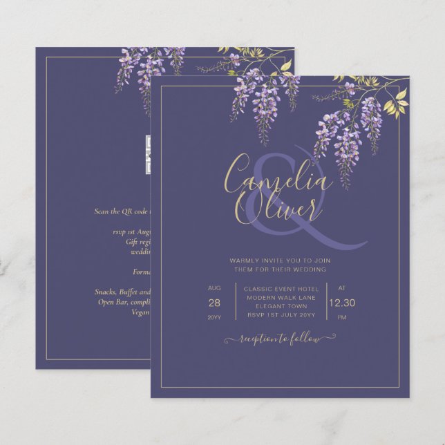 LeahG Lila Gold WISTERIA Floral Wedding INVITE (Vorne/Hinten)