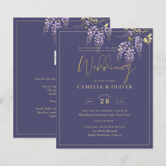 LeahG Lila Gold WISTERIA Floral Wedding INVITE (Vorne/Hinten)