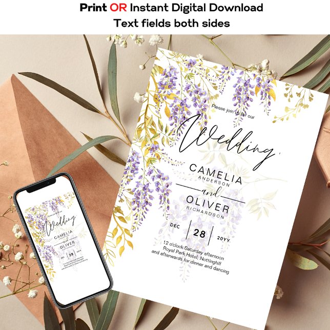 LeahG Lila Gold WISTERIA Floral Wedding INVITE Einladung (Von Creator hochgeladen)