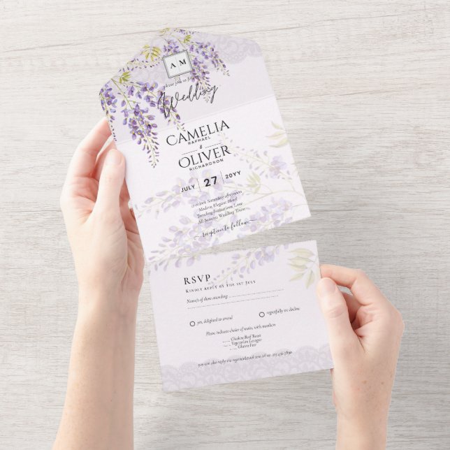 LeahG Lila WISTERIA Lace Floral Wedding INVITE All In One Einladung (Abreißen)