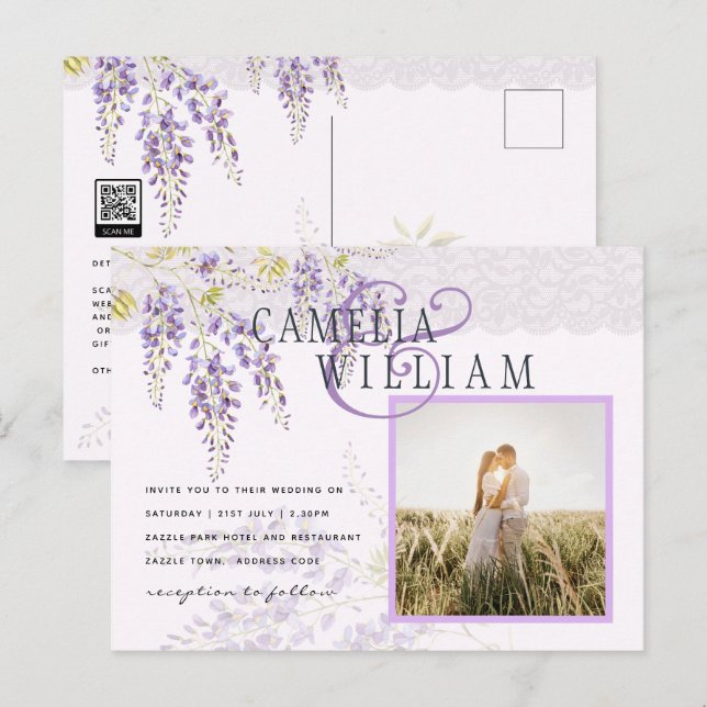 LeahG Lila Wisteria Moderne Blumenhochzeit Postkarte (Vorne/Hinten)