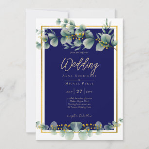 LeahG NAVY BLAU GOLD Grünzeug Eukalyptus Hochzeit Einladung