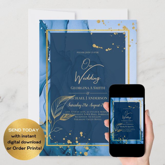 LeahG® Navy Blue Gold Alkohol Tinte Wedding Einladung (Von Creator hochgeladen)