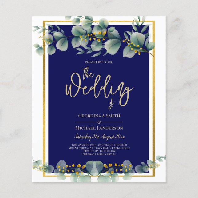 LeahG NAVY BLUE GOLD Greenery Eukalyptus Wedding Flyer (Vorne)