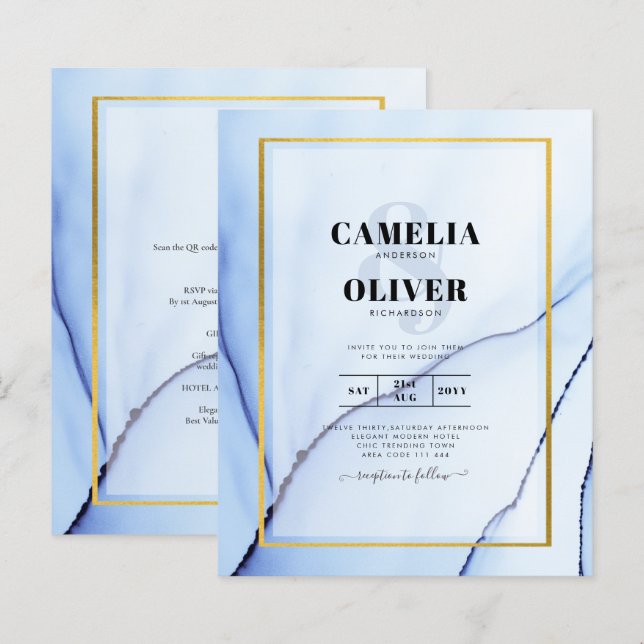 LeahG Navy Blue Gold INK Abstrakt Wedding INVITE (Vorne/Hinten)