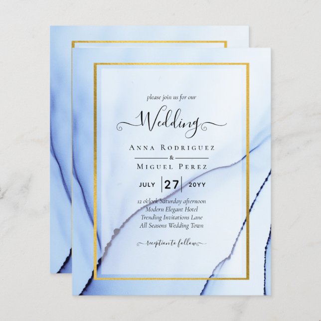LeahG Navy Blue Gold INK Abstrakt Wedding INVITE (Vorne/Hinten)