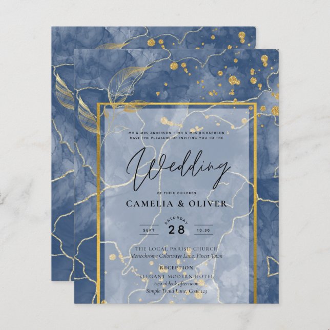 LeahG Navy Blue Gold INK Abstrakt Wedding INVITE (Vorne/Hinten)