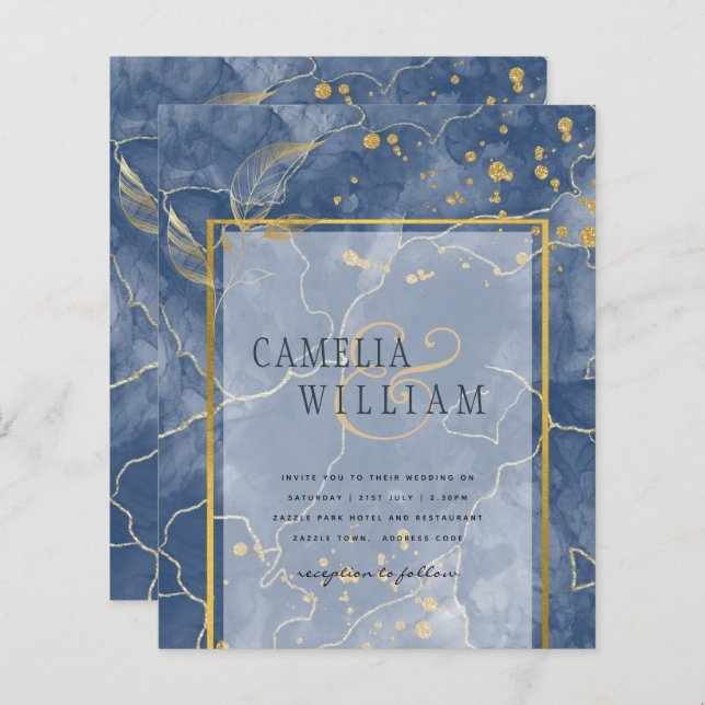LeahG Navy Blue Gold INK Abstrakt Wedding INVITE (Vorne/Hinten)
