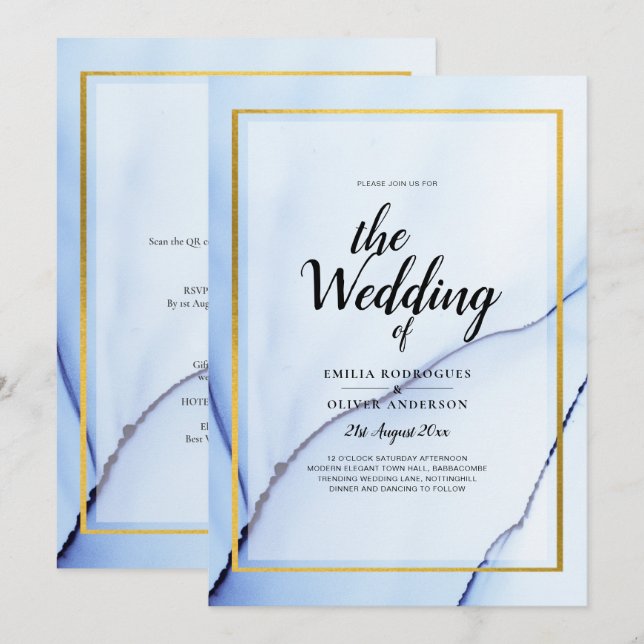 LeahG Navy Blue Gold INK Abstrakt Wedding INVITE Einladung (Vorne/Hinten)