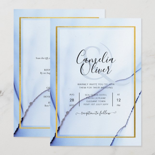 LeahG Navy Blue Gold INK Abstrakt Wedding INVITE Einladung (Vorne/Hinten)