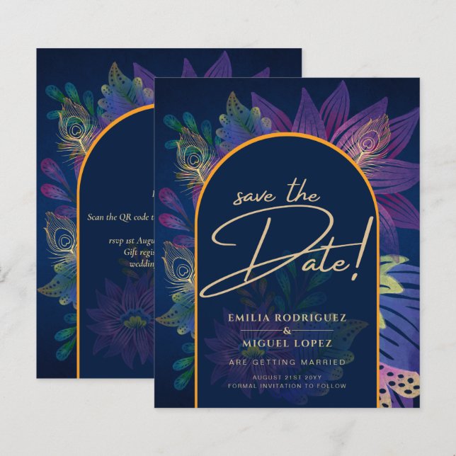 LeahG Navy Lila Gold JEWEL TONES Wedding INVITE (Vorne/Hinten)