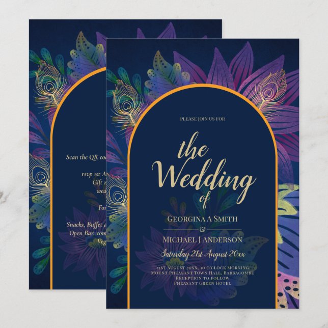 LeahG Navy Lila Gold JEWEL TONES Wedding INVITE Einladung (Vorne/Hinten)