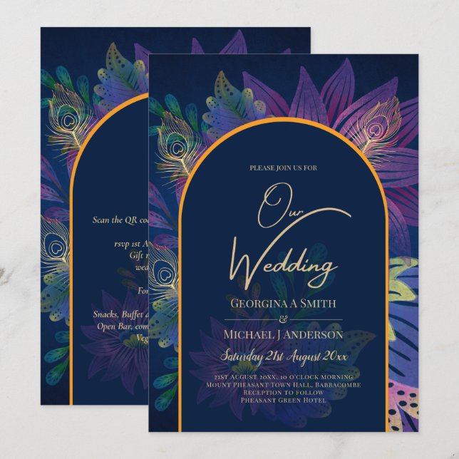LeahG Navy Lila Gold JEWEL TONES Wedding INVITE Einladung (Vorne/Hinten)
