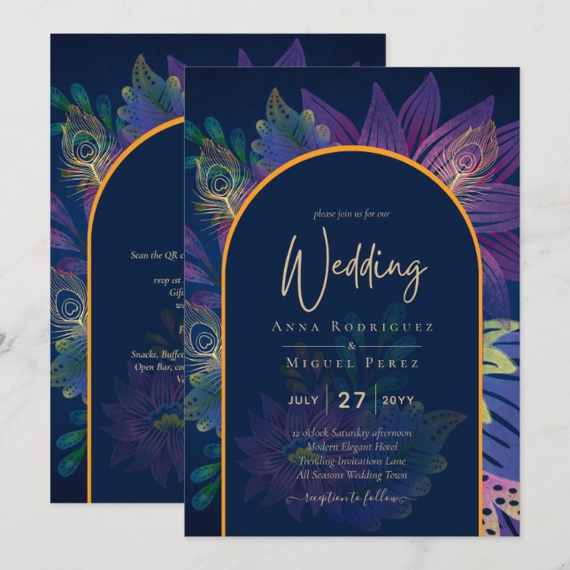 LeahG Navy Lila Gold JEWEL TONES Wedding INVITE Einladung (Vorne/Hinten)