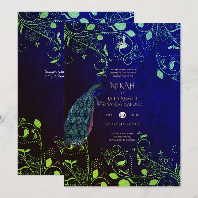LeahG Peacock Blue Islamic Muslim Wedding lädt ein Einladung (Vorne/Hinten)