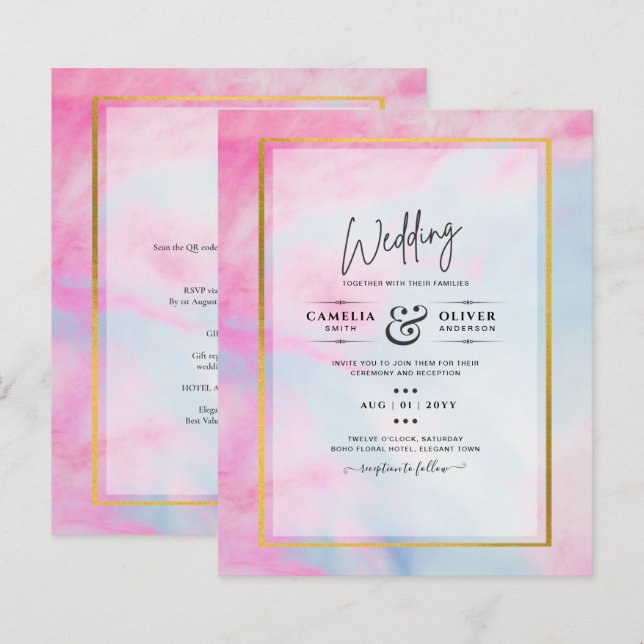 LeahG Pink Aqua Blue Gold INK Wedding INVITE (Vorne/Hinten)