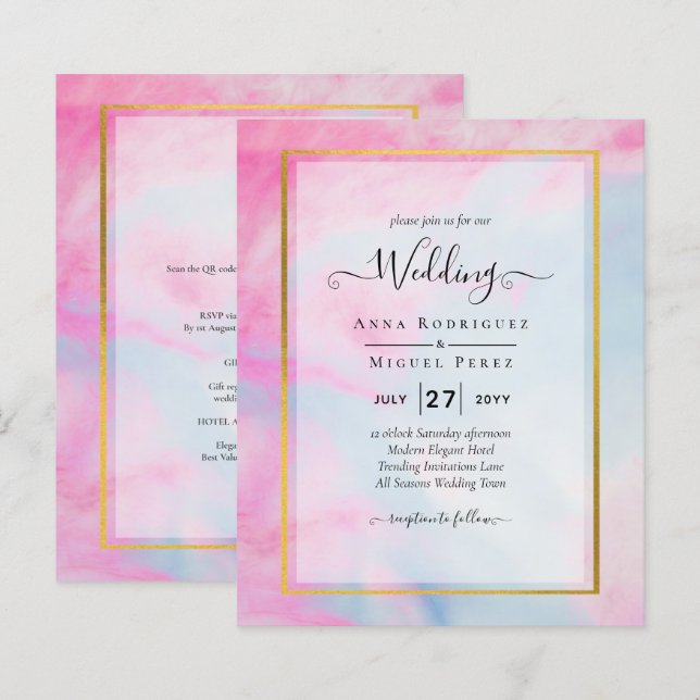 LeahG Pink Aqua Blue Gold INK Wedding INVITE (Vorne/Hinten)