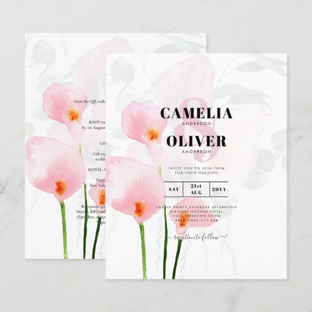 LeahG Pink Calla Lily Floral Wedding Invite allin1 (Vorne/Hinten)