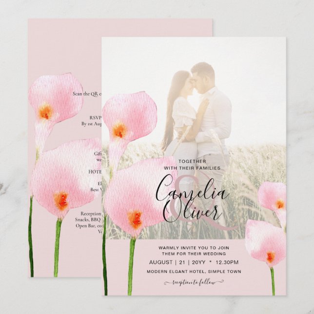 LeahG Pink Calla Lily FOTO Overlay Einladung (Vorne/Hinten)