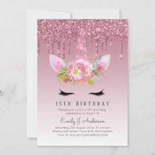 LeahG Pink Glitzer Unicorn Girls Birthday Einladun Einladung