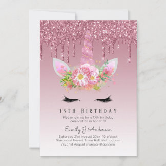 LeahG Pink Glitzer Unicorn Girls Birthday Einladun Einladung