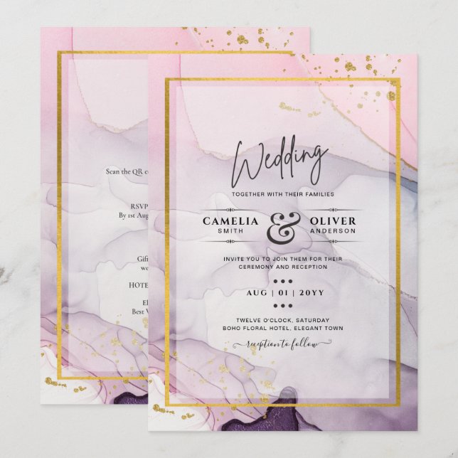 LeahG Pink Lila Lavender Gold INK Wedding INVITE Einladung (Vorne/Hinten)