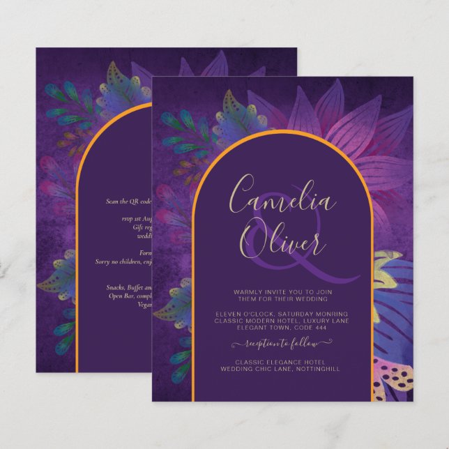 LeahG Plum Lila Gold JEWEL TONES Wedding INVITE (Vorne/Hinten)