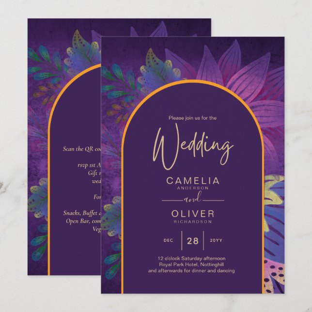 LeahG Plum Lila Gold JEWEL TONES Wedding INVITE Einladung (Vorne/Hinten)