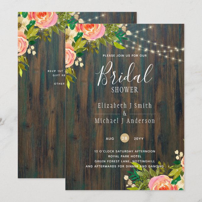 LeahG Rustic Wood Peach Coral Floral Wedding Einladung (Vorne/Hinten)