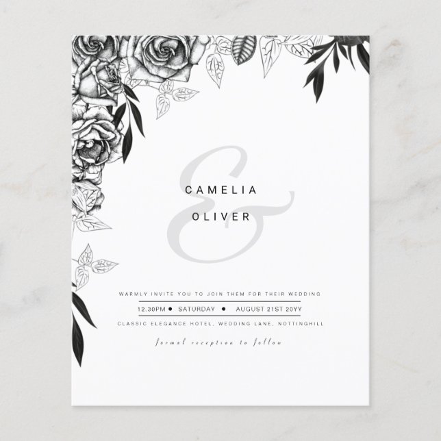 LeahG Schwarz-weiße Rose Hochzeitbudget Einladung (Vorderseite)